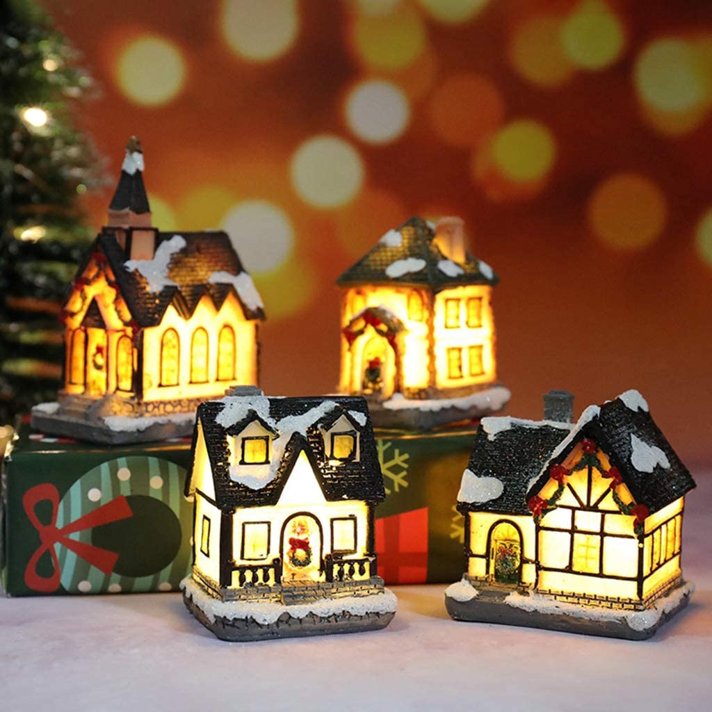 #N/A 3個セット ミニチュアハウス LEDライト 家モデル クリスマスシーン 冬の村 置物 ギフト 6-8cm