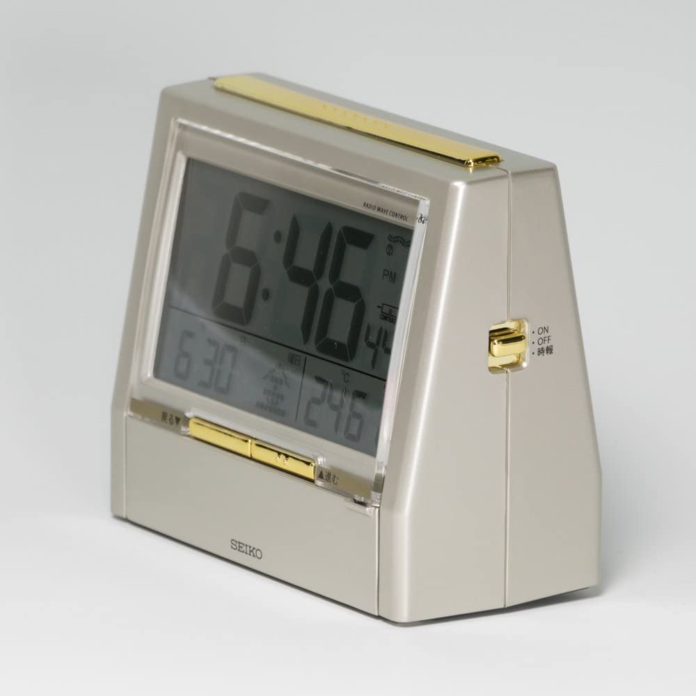 セイコー クロック 目覚まし時計 TALK LINER トークライナー 音声時報 音声アラーム バイリンガル 切替 カレンダー 温度 湿度 表示 電波 デジタル 薄金色 パール DA206G SEIKO