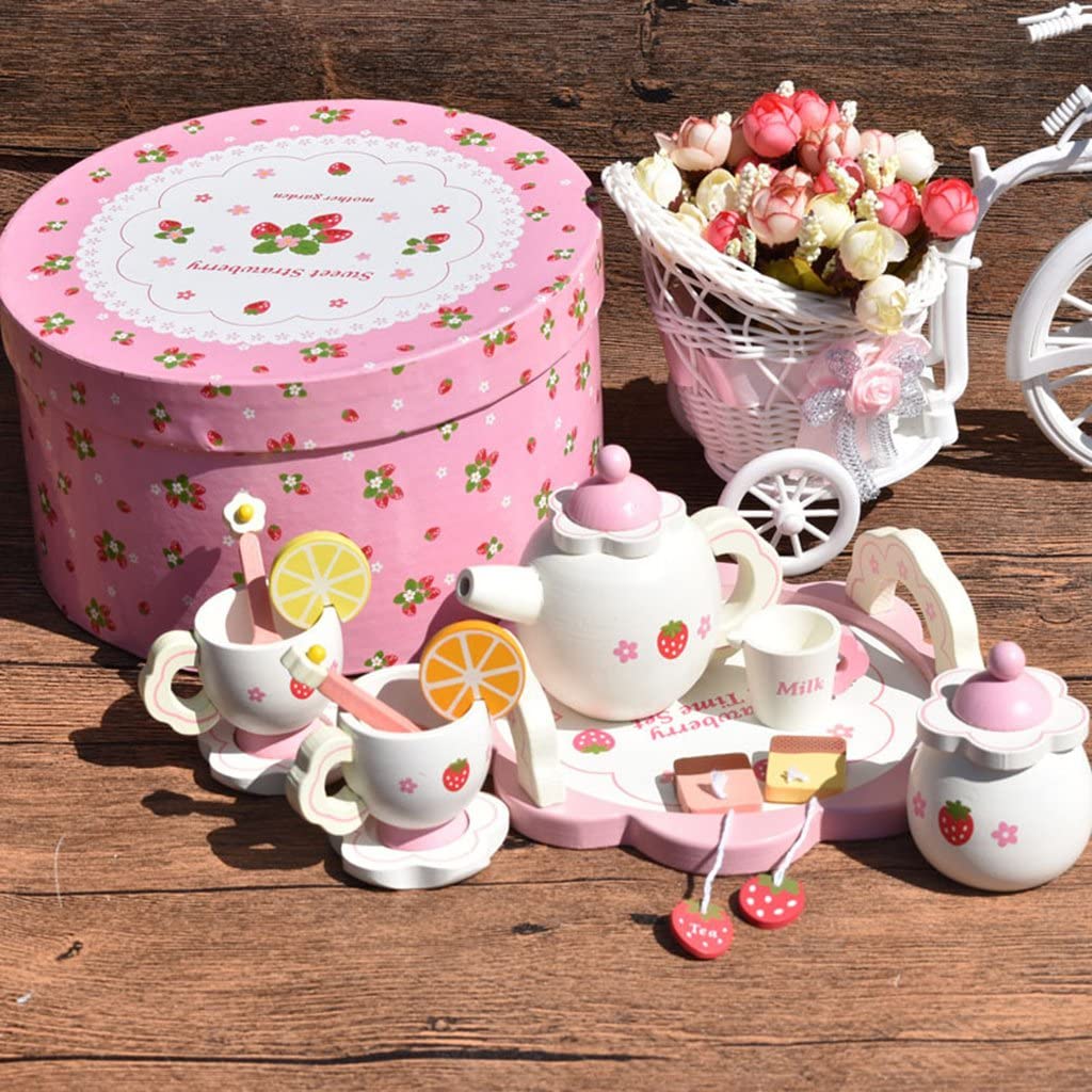 #N/A 木製プレイフードセット、イチゴティーセット、ミニチュアケトルカップ皿セット、キッズガールズプレイキッチンアクセサリー