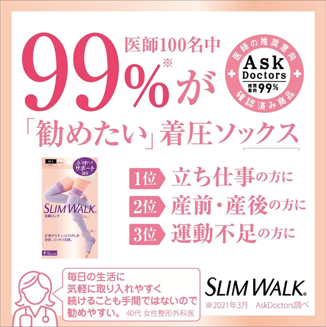 スリムウォーク 美脚ロング ラベンダー SM 就寝用 着圧 加圧 ソックス AskDoctors