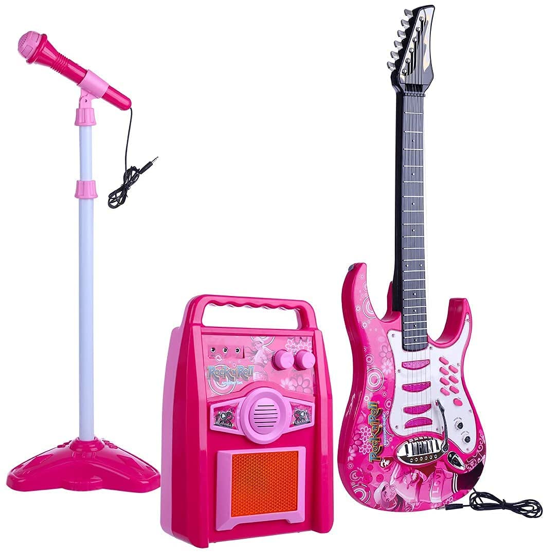 3 in 1キッズエレクトリックギターマイクアンプセット、スタンド付きカラオケマシン、子供用ロックスター歌の機械音楽玩具 (Color : Pink)