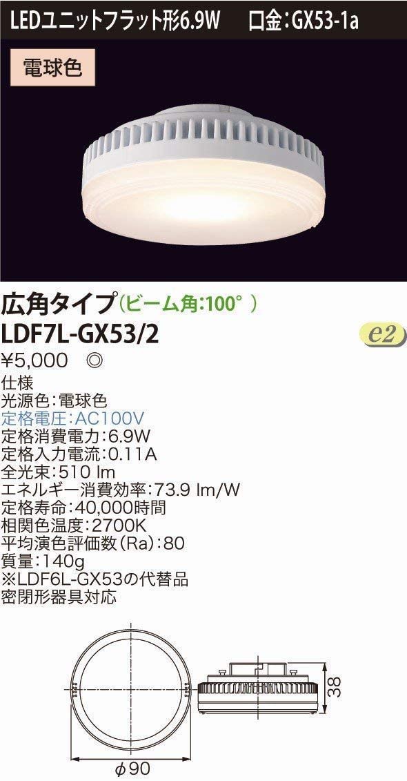 東芝ライテック E-CORE LED電球 LEDユニットフラット形6.9W(口金GX53-1a) ※広角タイプ※ LDF7L-GX53/2