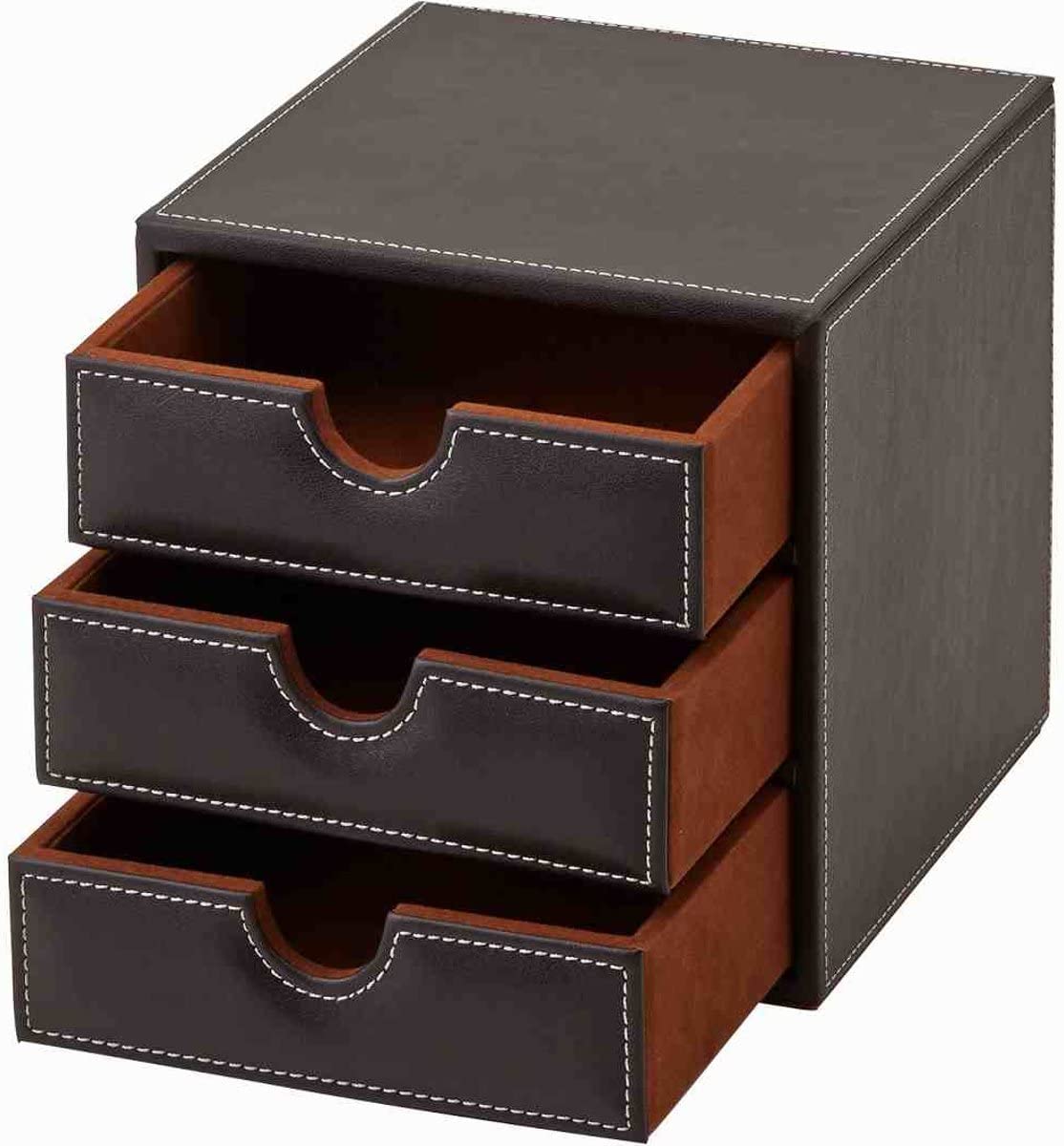 BASIC ステッチ が おしゃれ レザー 調 引出し 3段 (裏に隠し扉付き) BS-5