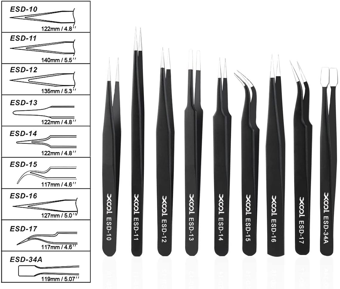 (9in1) - ESD Tweezers Tools Kit, Precision Anti-static Set of Tweezers, Non-magnetic and Multi-standard Stainless Steel Tweezers with Storage Bag for Lab, Electronics, Jewellery and Detailed Work