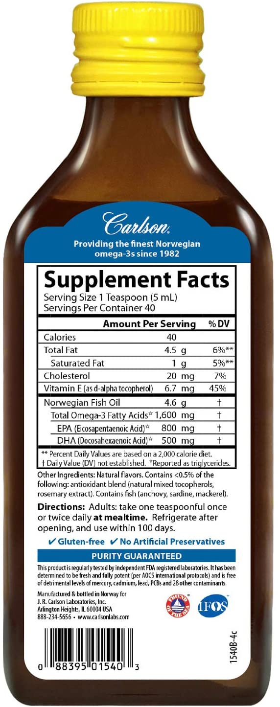 Carlson Labs The Very Finest Norwegian Fish Oil Liquid Omega-3's DHA & EPA - Lemon - 6.7 oz by Carlson Laboratories