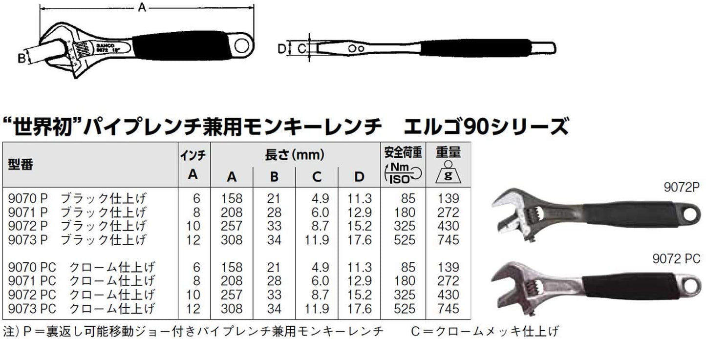 BAHCO(バーコ) Adjustable Wrench with Thermoplastic Handle and Pipe Grip パイプレンチ兼用モンキーレンチ 9073P