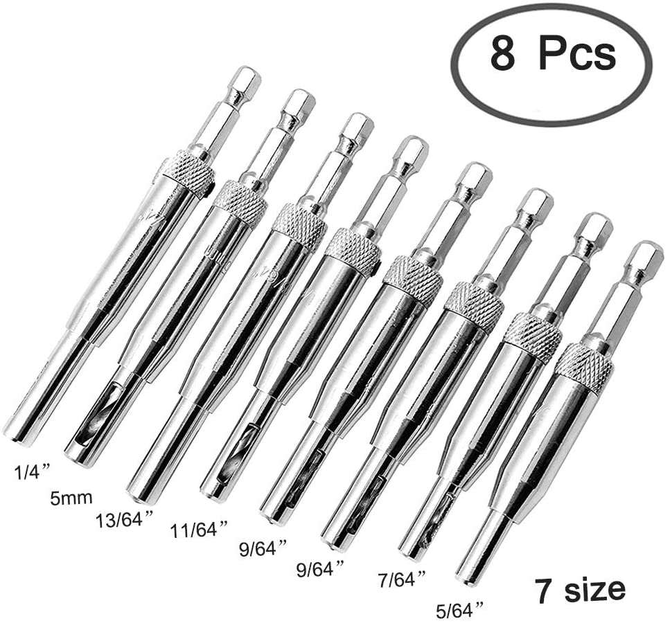 8 pcsセンタードリルビットセット、AFUNTA センター出し 蝶番 木工用 六角軸ドリル 穴あけ 皿穴ドリルビット5/64'' 7/64'' 9/64'' 11/64'' 13/64'' 5mm 1/4''