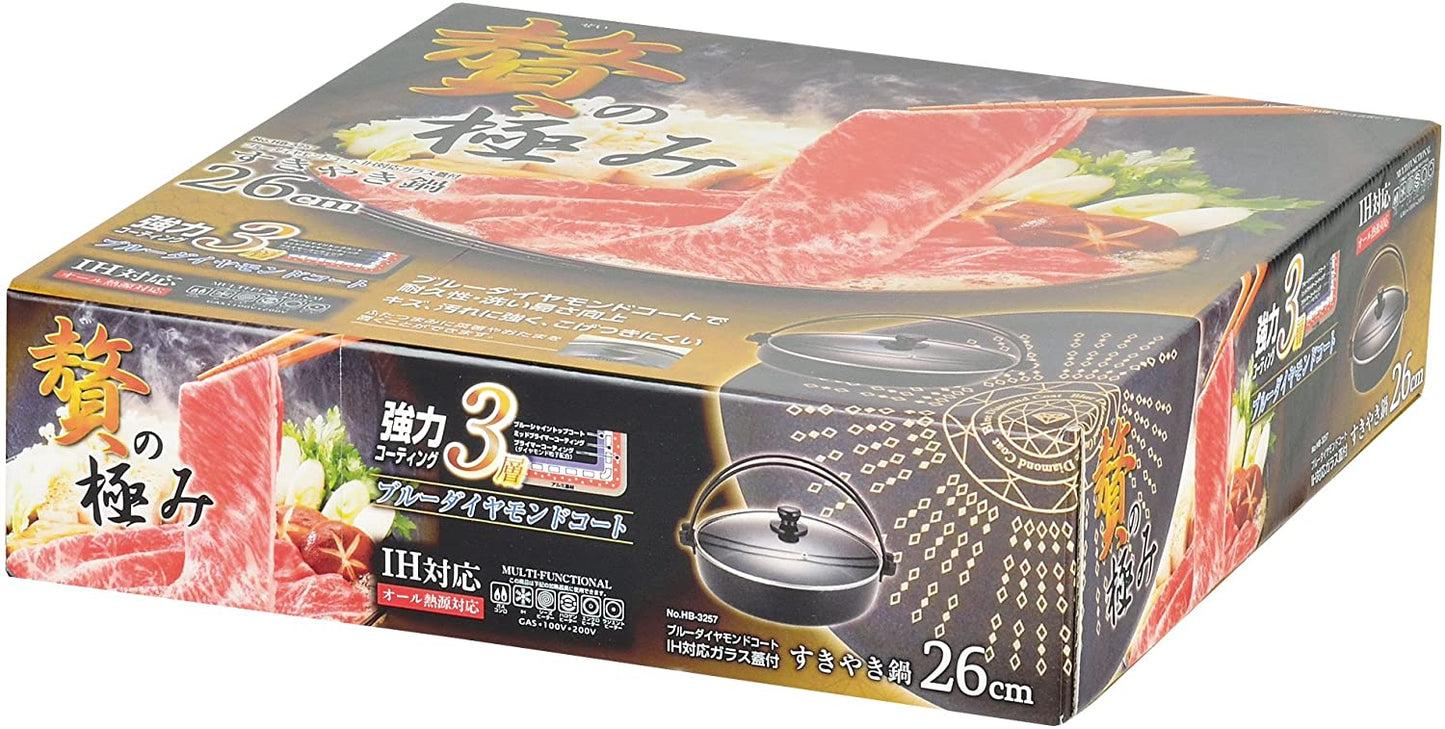 パール金属(PEARL METAL) すき焼き鍋 26cm IH対応 ガラス蓋付 ブルーダイヤモンドコート NEW 贅の極み HB-3257