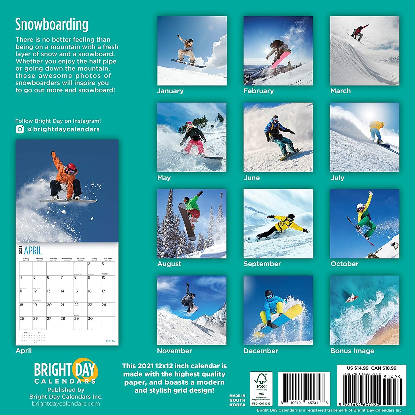 Bright Day Calendars 2021スノーボードウォールカレンダー バイ 明るい日、12 x 12 インチ、スノーウィンタースポーツ